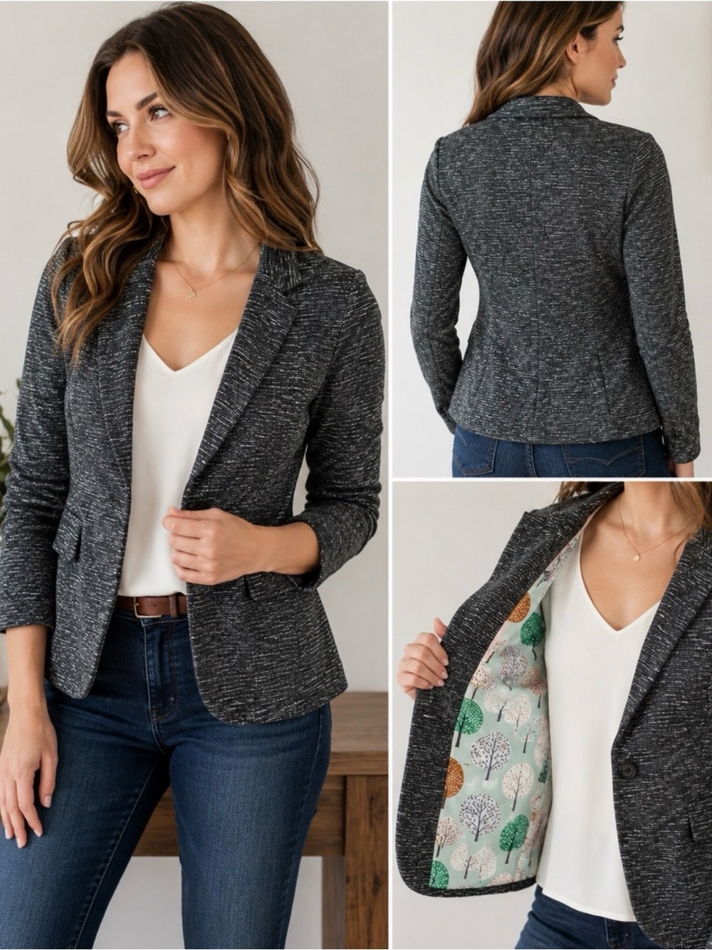Anthropologie Cartonnier Dashes Knit Tweed Blazer – Charcoal – Petite Small